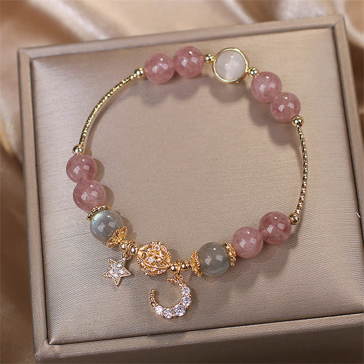 Bracelet d'amour en pierre de lune, étoile et lune en quartz fraise et Buddha Stones