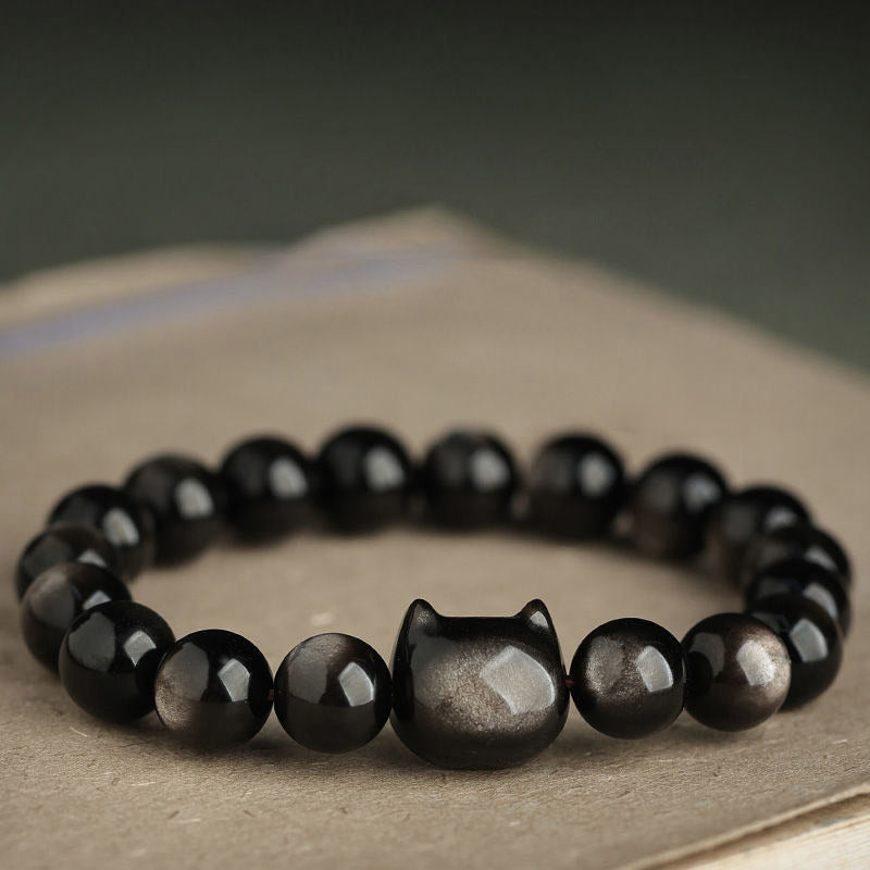 Bracelet de protection porte-bonheur en obsidienne dorée et argentée avec Buddha Stones et jolie patte de chat porte-bonheur - image 13