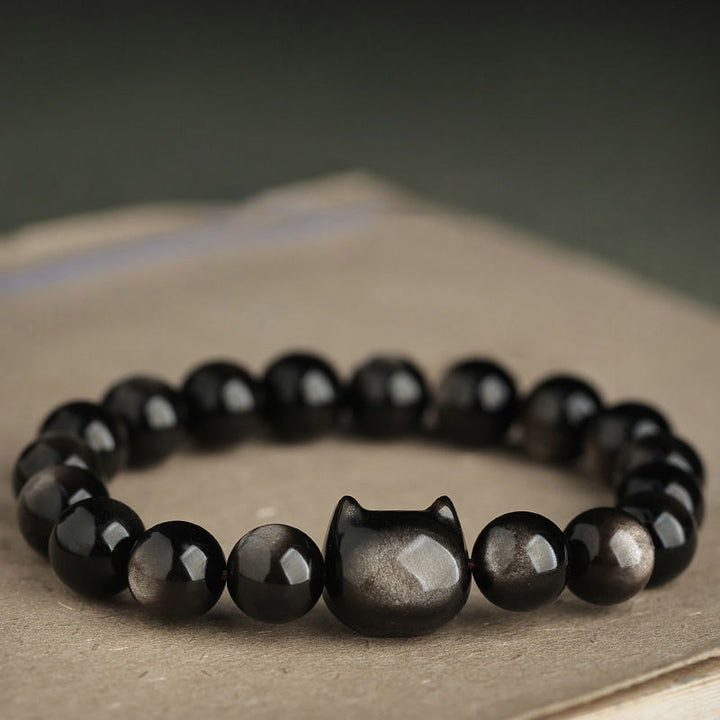 Bracelet de protection porte-bonheur en obsidienne dorée et argentée avec Buddha Stones et jolie patte de chat porte-bonheur - image 13