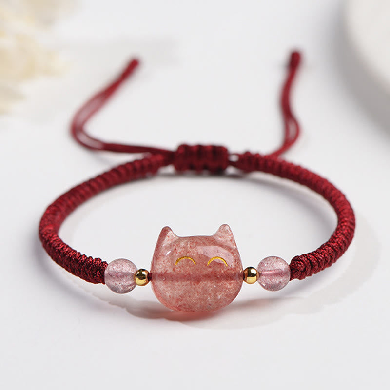 Bracelet tressé fait main en obsidienne naturelle argentée et brillante en quartz fraise avec protection pour chat mignon - Quartz fraise (Amour ♥ Guérison) - Chat souriant - image 8