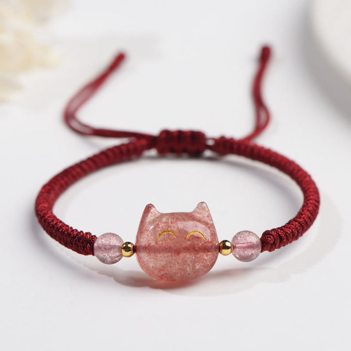 Bracelet tressé fait main en obsidienne naturelle argentée et brillante en quartz fraise avec protection pour chat mignon - Quartz fraise (Amour ♥ Guérison) - Chat souriant - image 8