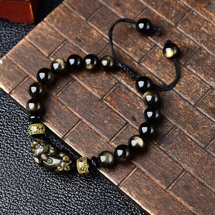 Bracelet tressé en Buddha Stones naturelle dorée et brillante PiXiu Om Mani Padme Hum Wealth