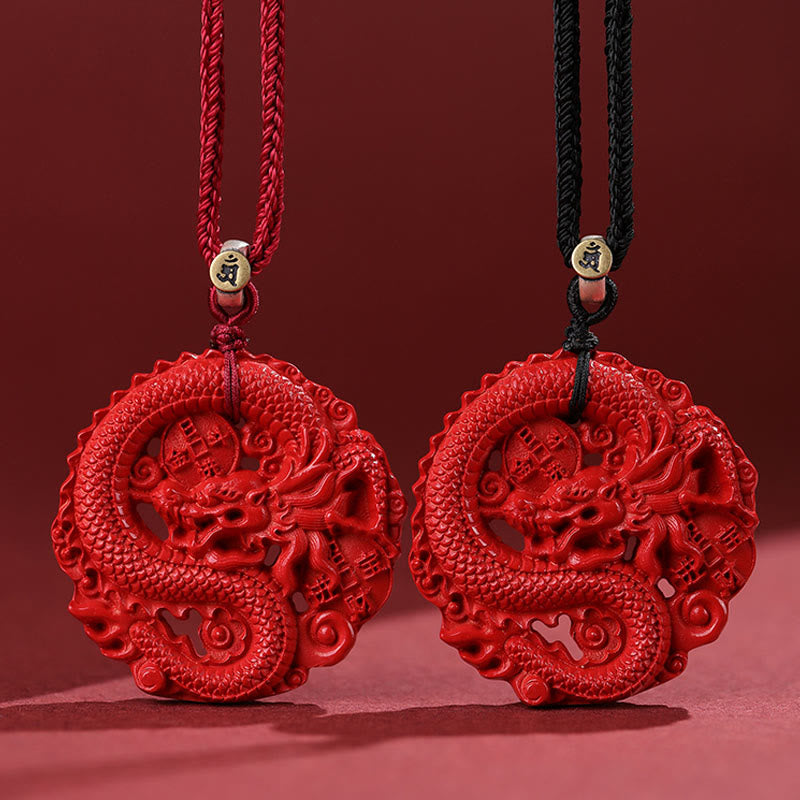 Collier pendentif porte-bonheur en argent sterling 925 avec pièce de cuivre cinabre naturel de l'année du dragon Buddha Stones