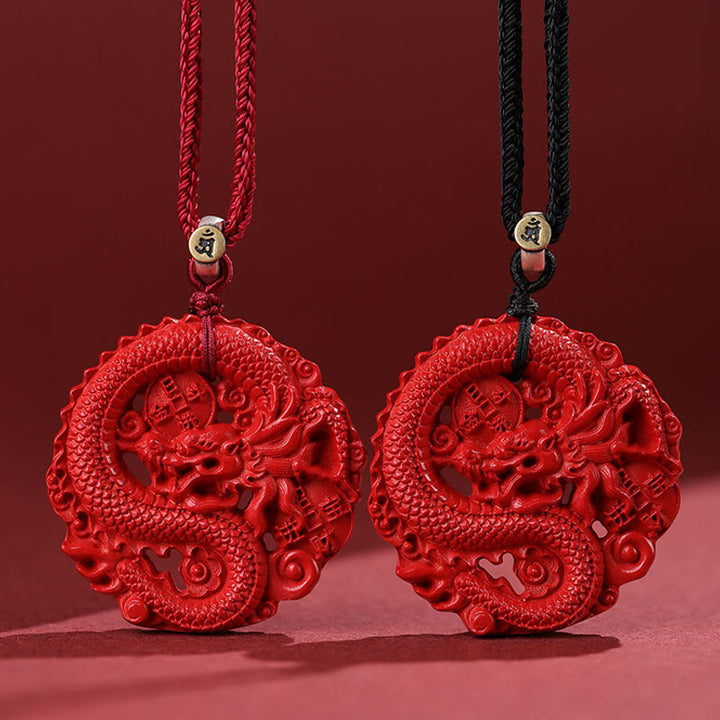 Collier pendentif porte-bonheur en argent sterling 925 avec pièce de cuivre cinabre naturel de l'année du dragon Buddha Stones