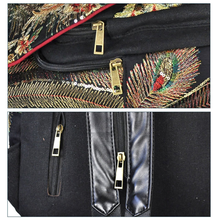 Sac à dos à pompons en toile avec broderies de paon et Buddha Stones