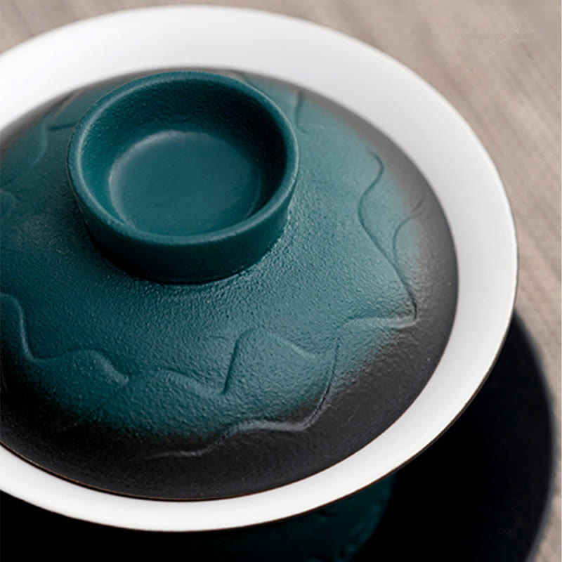 Tasse à thé et soucoupe en céramique avec couvercle en Buddha Stones, style rétro, bleu océan, vagues de la mer, dégradé, Gaiwan, Sancai