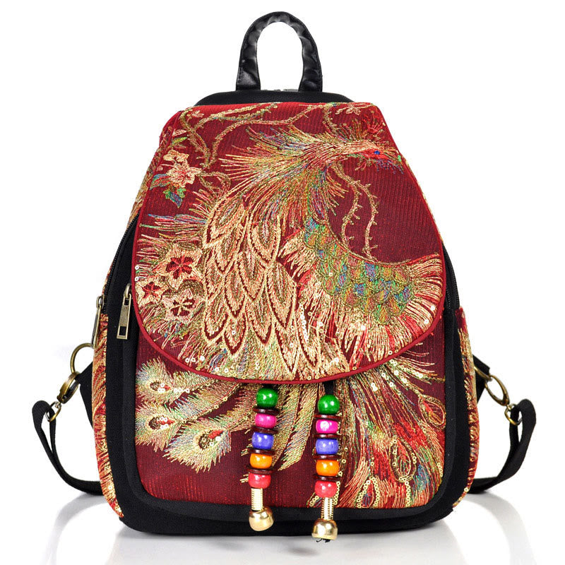 Sac à dos à pompons en toile avec broderies de paon et Buddha Stones