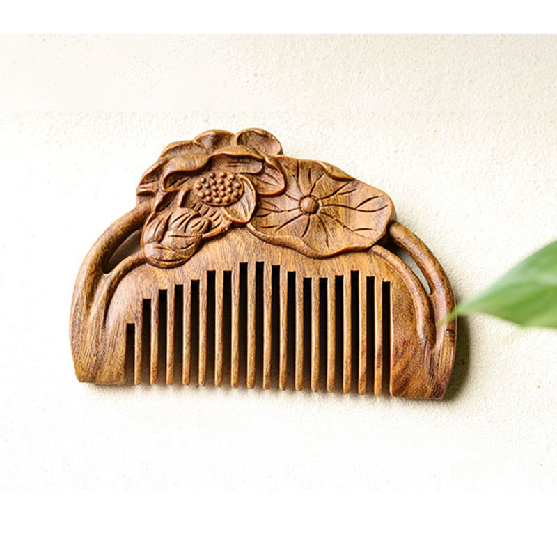 Peigne apaisant gravé en feuille de lotus et fleur de santal vert naturel - image 14