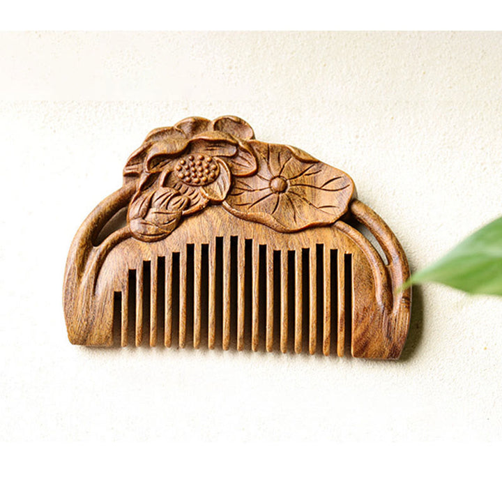 Peigne apaisant gravé en feuille de lotus et fleur de santal vert naturel - image 14