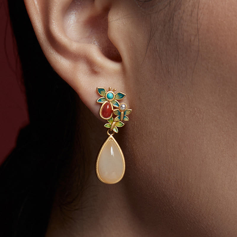 Boucles d'oreilles pendantes en forme de goutte d'eau Buddha Stones, jade blanc, agate rouge, papillon, protection