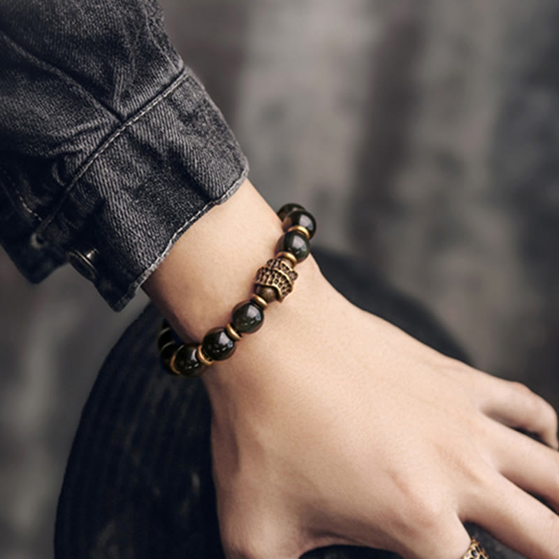 Bracelet de guérison d'amour en cuivre et obsidienne arc-en-ciel avec Buddha Stones