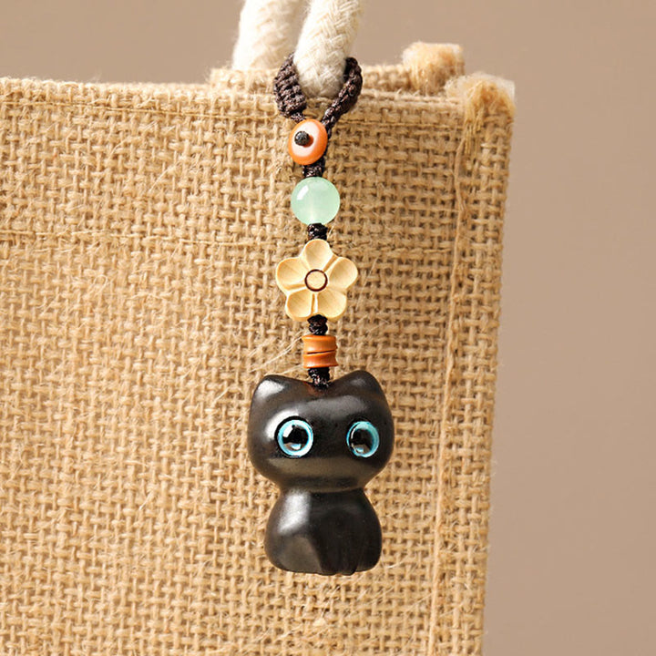 Porte Buddha Stones, mini petite feuille de bois de santal rouge, bois d'ébène, chat porte-bonheur, joli chaton, paix, décoration à suspendre pour téléphone