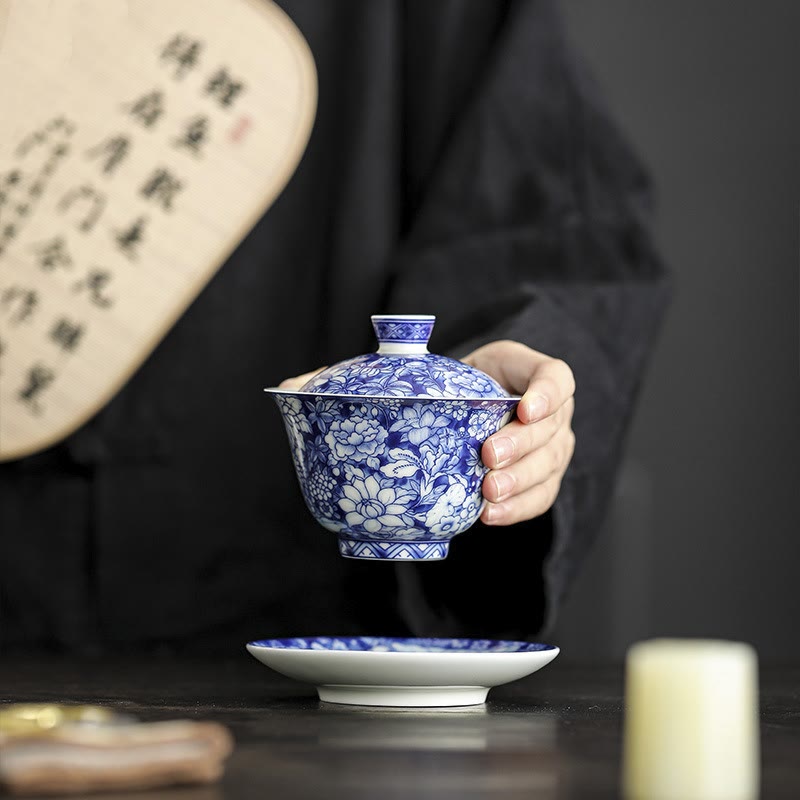 Tasse à thé et soucoupe en porcelaine bleue et blanche vintage en céramique Gaiwan Sancai Kung Fu avec couvercle