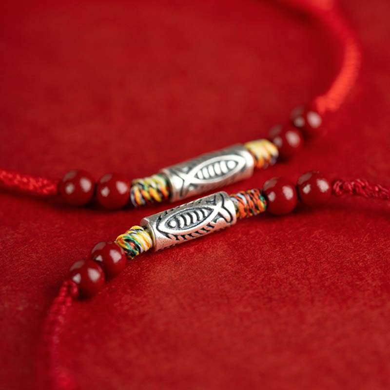 Bracelet de cheville tressé artisanal en argent sterling 925 avec perles de cinabre et poisson koï de Buddha Stones