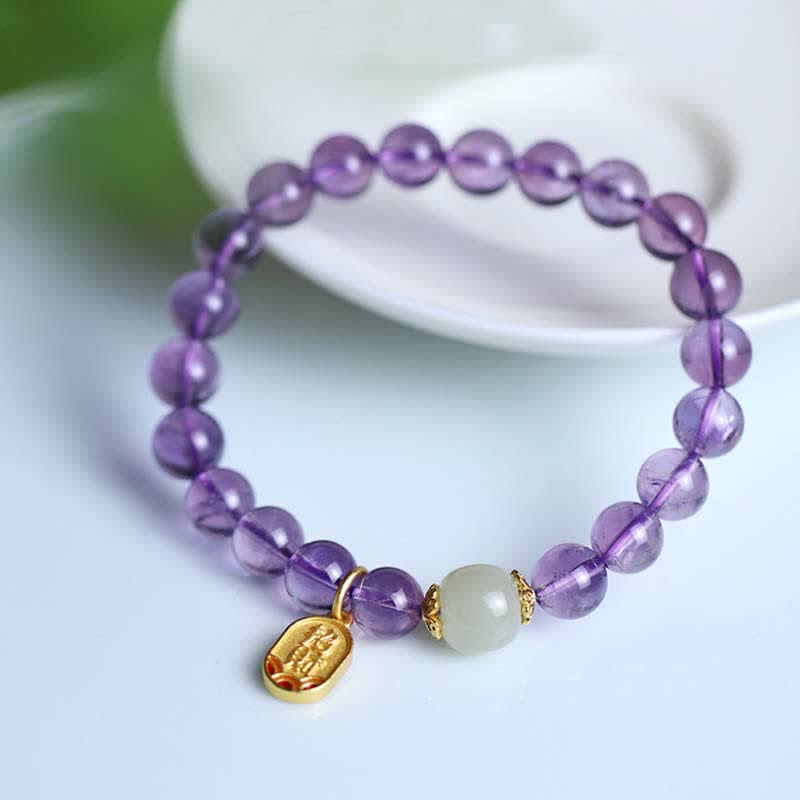 Bracelet de guérison en jade Hetian Buddha Stones et cristal d'améthyste naturel