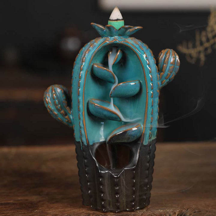 Brûleur d'encens à reflux en céramique Cactus Healing Smoke Fountain - Cactus bleu 12,5 x 6,5 x 17 cm - image 0