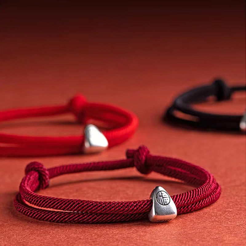 Bracelet tressé fait main en argent sterling 925 avec le personnage Fu et les Buddha Stones