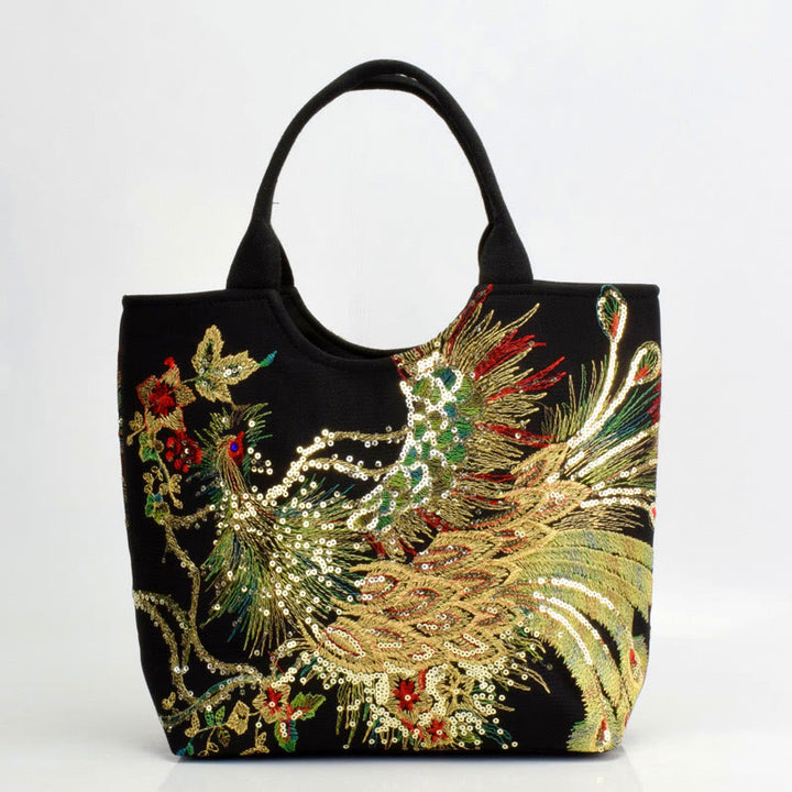 Sac cabas brodé double face avec motif de paon et Buddha Stones, sac bandoulière - Paon noir - Sac fourre-tout simple - image 15