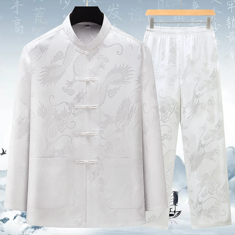 Costume Tang en Buddha Stones pour hommes, vêtements traditionnels chinois Hanfu, chemise de Kung Fu, uniforme, manteau à manches longues, hauts et pantalons, vêtements pour hommes - Blanc - US/UK/AU42，EU52 (3XL) - image 16