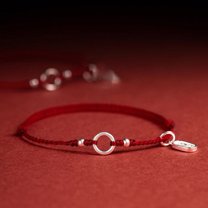 Bracelet en argent sterling 925 avec Buddha Stones et cordon rouge porte-bonheur, paix, joie, lotus, paix - Rouge foncé (tour de poignet 15-18 cm) - Chanceux Fortune - image 0