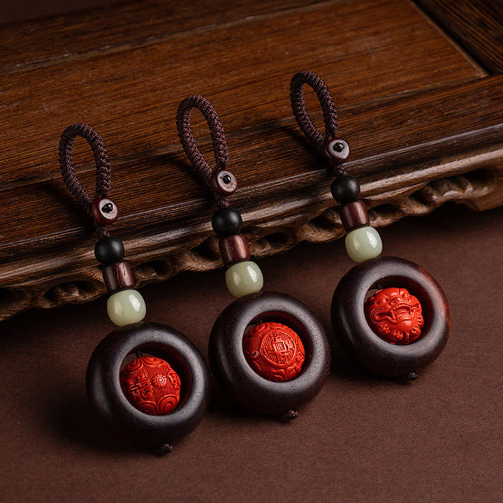 Buddha Stones Tibet Om Mani Padme Hum PiXiu Pièce de cuivre Petite feuille Bois de santal rouge Cinabre Protection Porte-clés