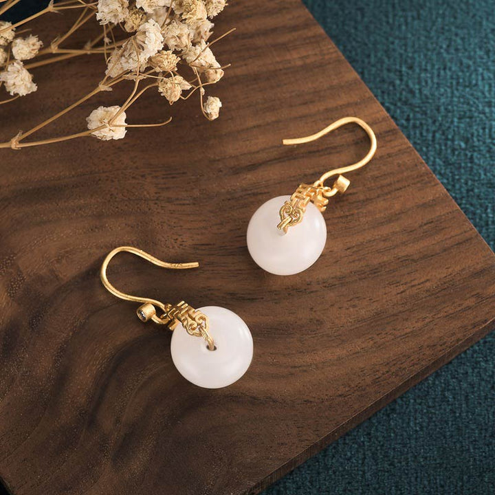Boucles d'oreilles Buddha Stones Jade Blanc Double Happiness Fortune