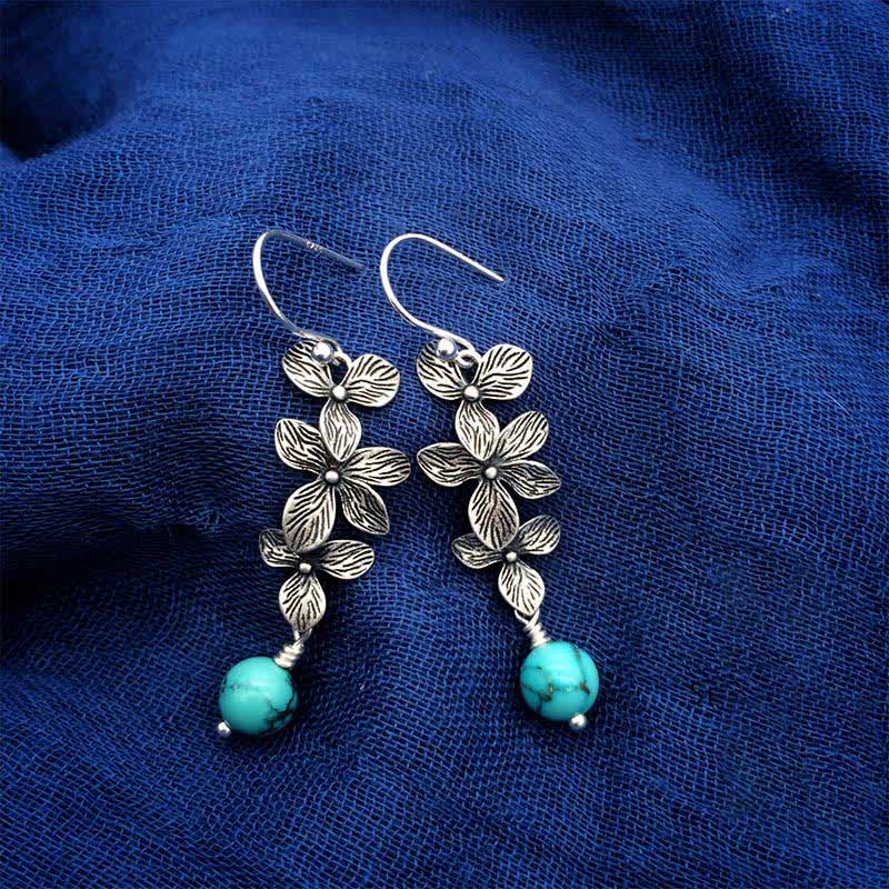 Boucles d'oreilles pendantes en argent sterling 925 avec Buddha Stones , turquoise, lazurite et lapis-lazuli, motif fleur et feuille, symbole de sérénité et de protection. - image 9