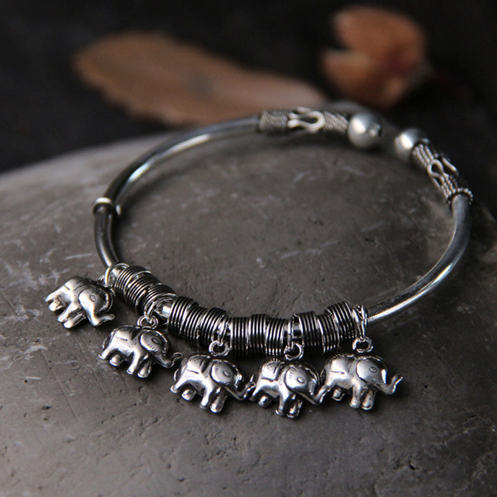 Bracelet jonc en argent sterling 925 avec Buddha Stones et motif éléphant