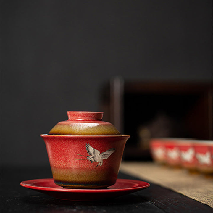 Tasse à thé et soucoupe en céramique Gaiwan Sancai avec couvercle et Buddha Stones rouge de bon augure