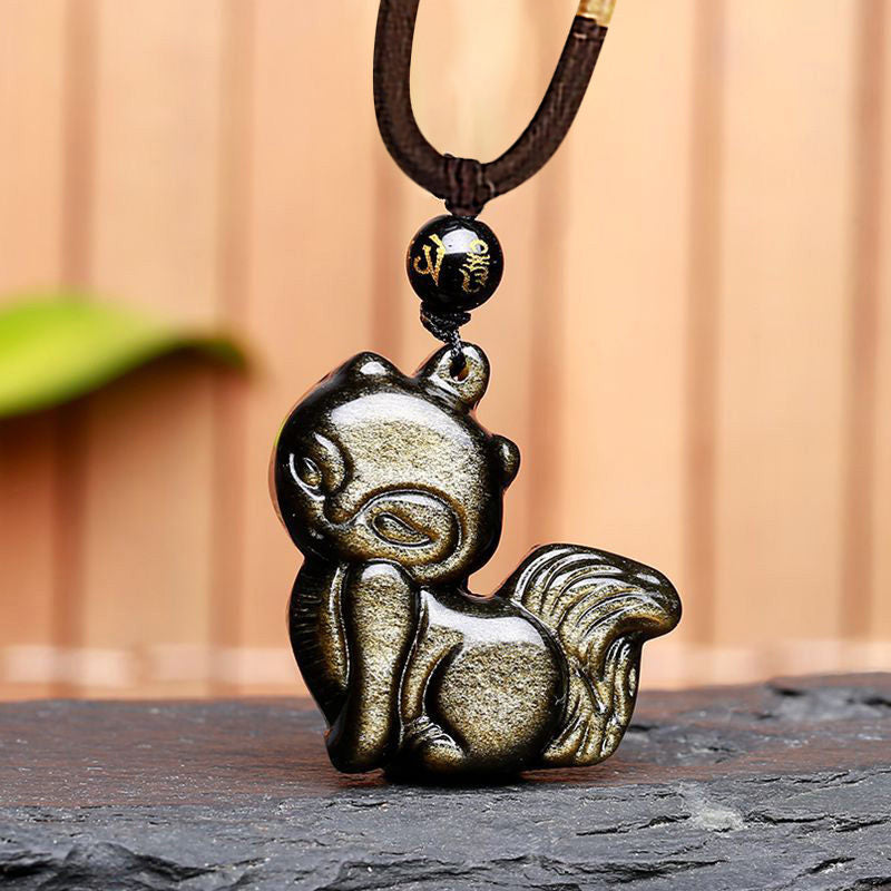 Collier pendentif positif en obsidienne arc-en-ciel naturelle Buddha Stones et obsidienne dorée brillante à neuf queues