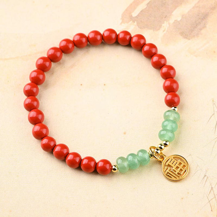 Collier porte-bonheur tibétain en aventurine verte et cinabre avec Buddha Stones