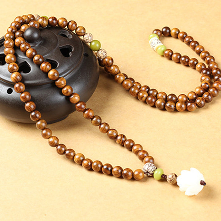 Collier et bracelet de protection en bois de rose tibétain avec Buddha Stones et lotus