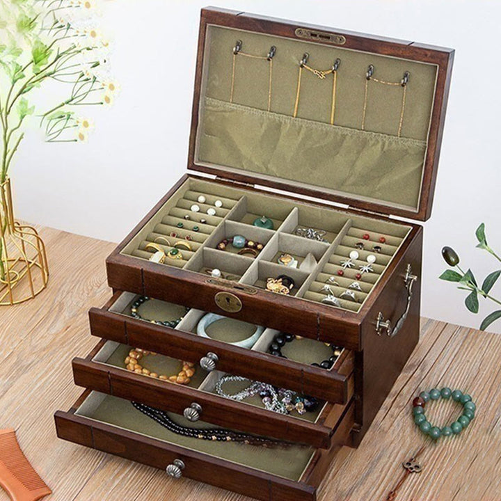 Coffret à bijoux rétro en bois massif Buddha Stones Coffret de rangement à bijoux en bois à quatre niveaux