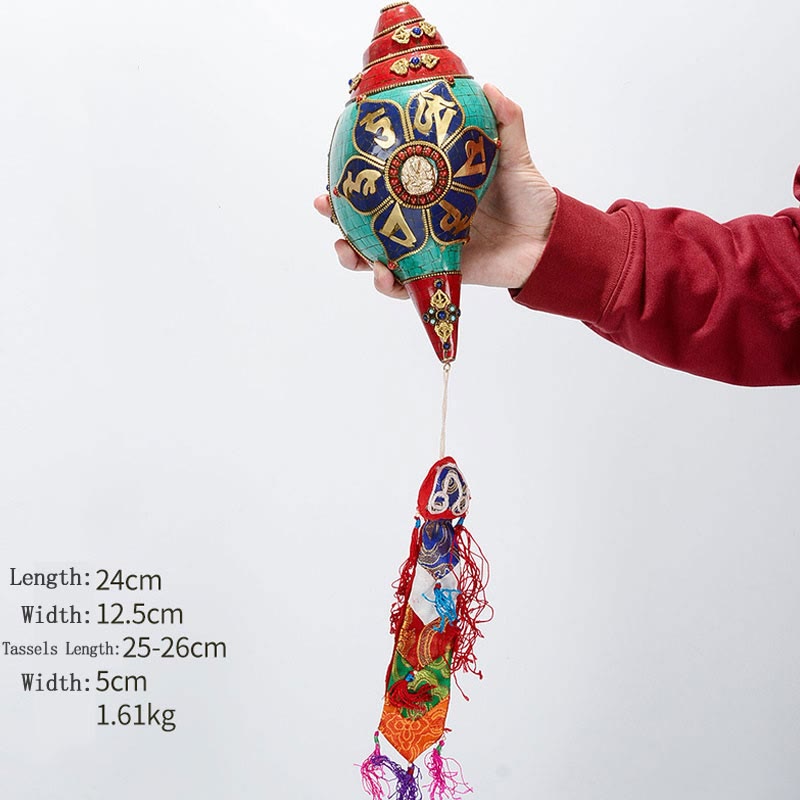 Tibétain fait à la main Shankha Om Mani Padme Hum bouddha Avalokitesvara coquille de conque Turquoise décoration positive - Om Mani Padme Hum-Tara blanche 24*12.5cm - image 25