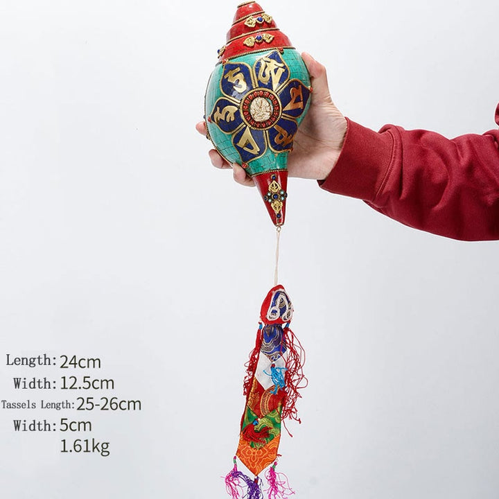 Tibétain fait à la main Shankha Om Mani Padme Hum bouddha Avalokitesvara coquille de conque Turquoise décoration positive - Om Mani Padme Hum-Tara blanche 24*12.5cm - image 25