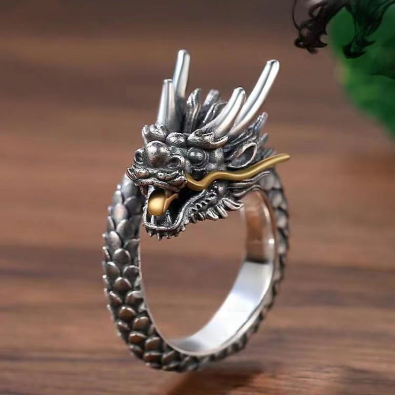 Bague ajustable en argent sterling 925 Buddha Stones et motif dragon vintage - Dragon de cuivre - image 0