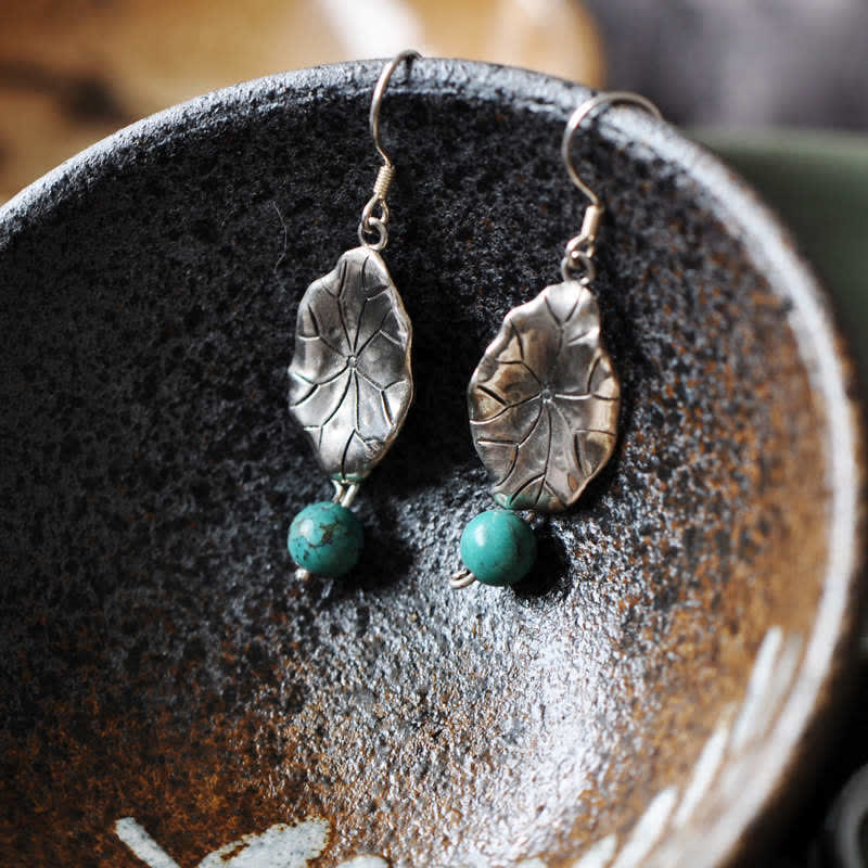 Buddha Stones Boucles d'oreilles pendantes en argent Sterling 925 Turquoise Feuille de Lotus Protection