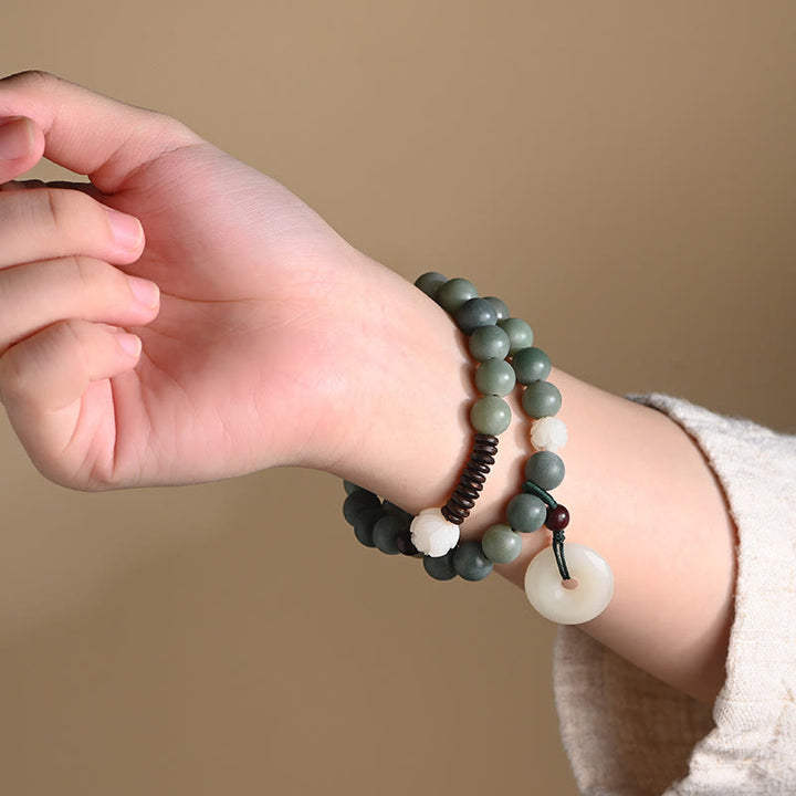 Bracelet double tour en jade et pierre de Buddha Stones avec boucle de paix et sagesse