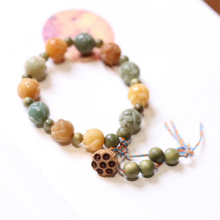Bracelet d'harmonie de sagesse en bois de santal vert et graines de lotus Bodhi Buddha Stones