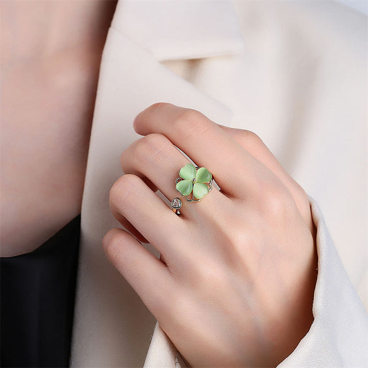 Bague rotative en zircon avec trèfle à quatre feuilles et œil de chat en Buddha Stones