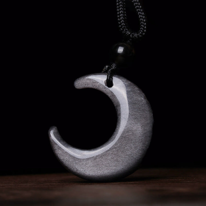 Collier pendentif en forme de croissant de lune en cristal d'obsidienne et de sélénite avec Buddha Stones et argent naturel, protection du couple Yin Yang - image 1