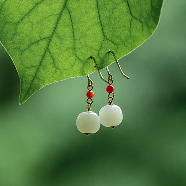 Boucles d'oreilles pendantes porte-bonheur en jade rouge Hetian plaqué or 14 carats et argent sterling 925 avec Buddha Stones - image 8
