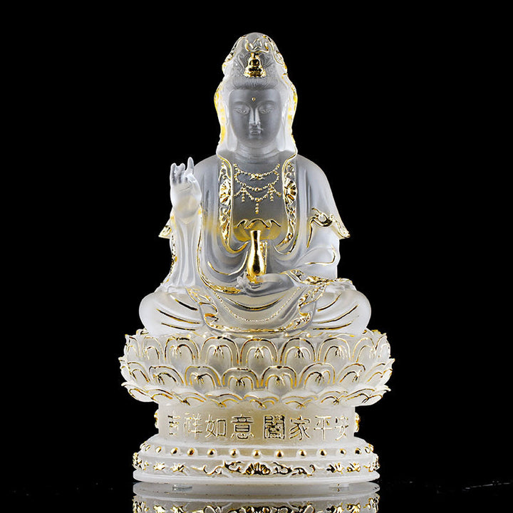 Buddha Stones Kwan Yin Avalokitesvara Figurine faite à la main Pièce d'art en cristal Liuli Statue de richesse Décoration d'offrande pour la maison - 15,5 cm Blanc et Or - image 8