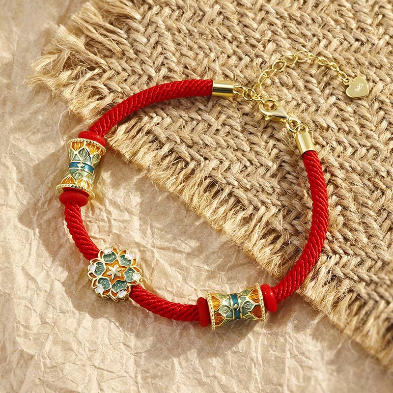 Bracelet en corde rouge en argent sterling 925 avec motif tambour de lotus de Buddha Stones Dunhuang