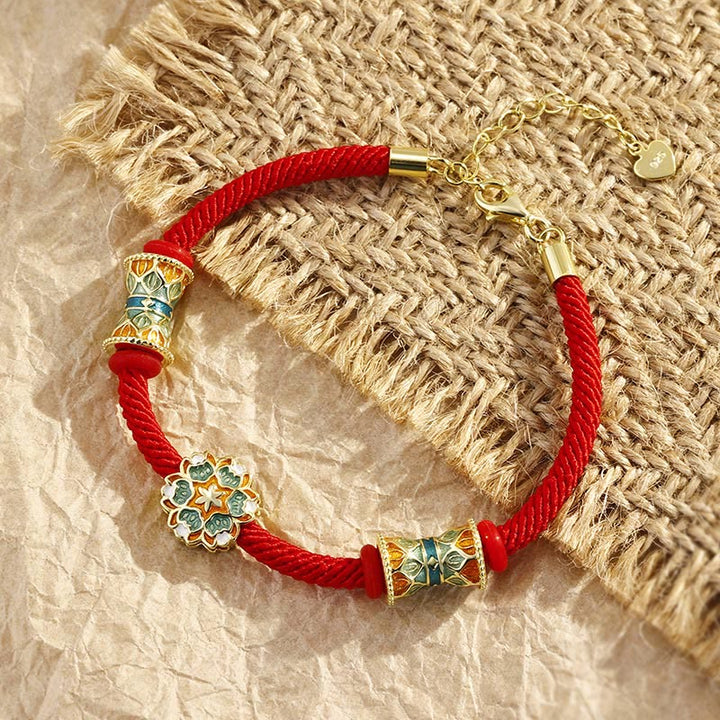 Bracelet en corde rouge en argent sterling 925 avec motif tambour de lotus de Buddha Stones Dunhuang