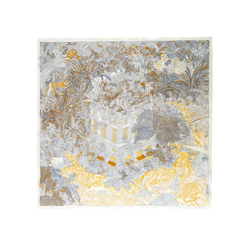 Écharpe en soie de mûrier 100 % peinture à l'huile de la jungle avec Buddha Stones et nuages de bon augure, écharpe de cou en soie double face de qualité supérieure 6A