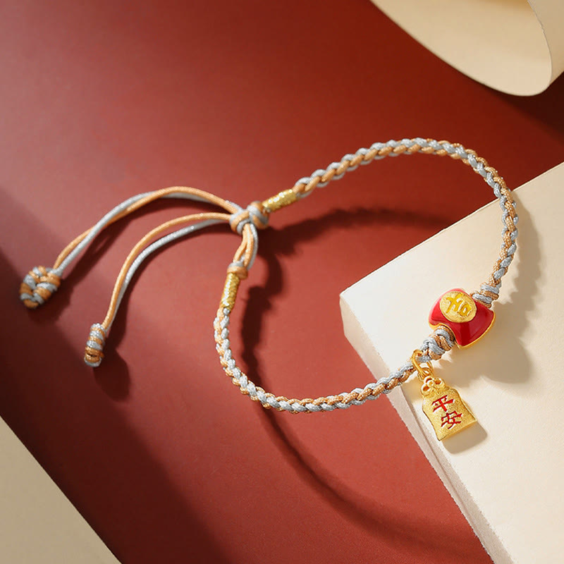 Bracelet tressé en argent sterling 925 fait à la main avec des Buddha Stones et des bénédictions de caractères chinois de bon augure