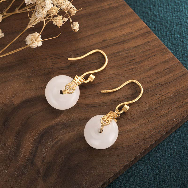Boucles d'oreilles Buddha Stones Jade Blanc Double Happiness Fortune