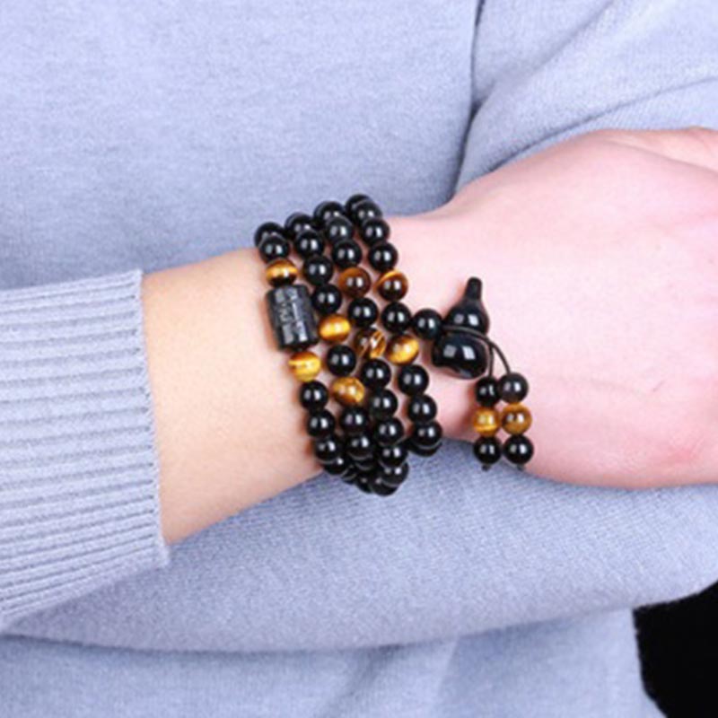 Bracelet Mala en obsidienne noire naturelle avec Buddha Stones et gourde arc-en-ciel