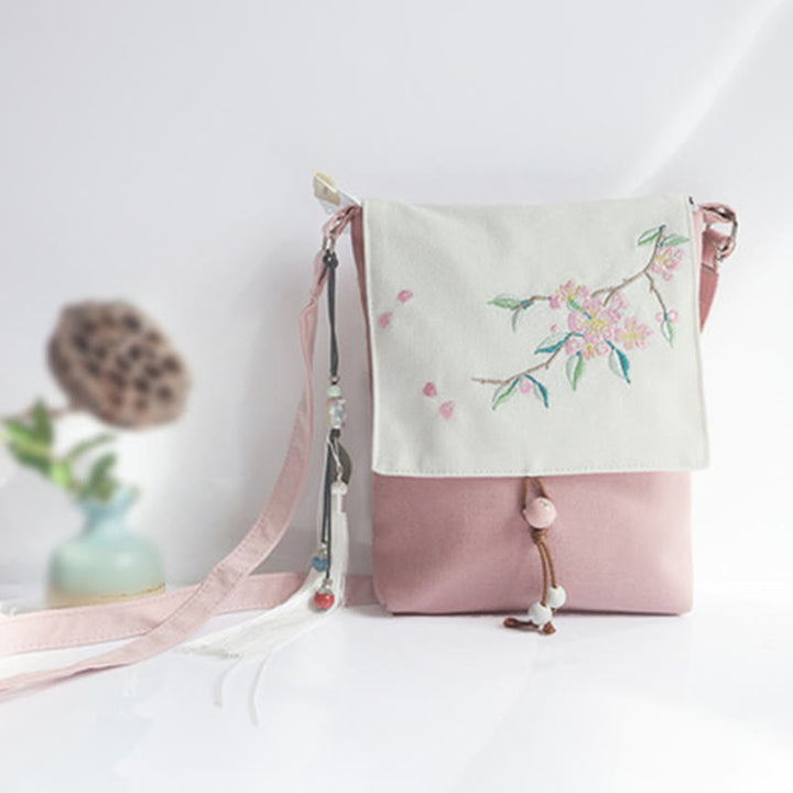 Sac à bandoulière en toile brodé à la main avec des Buddha Stones et des fleurs de prunier